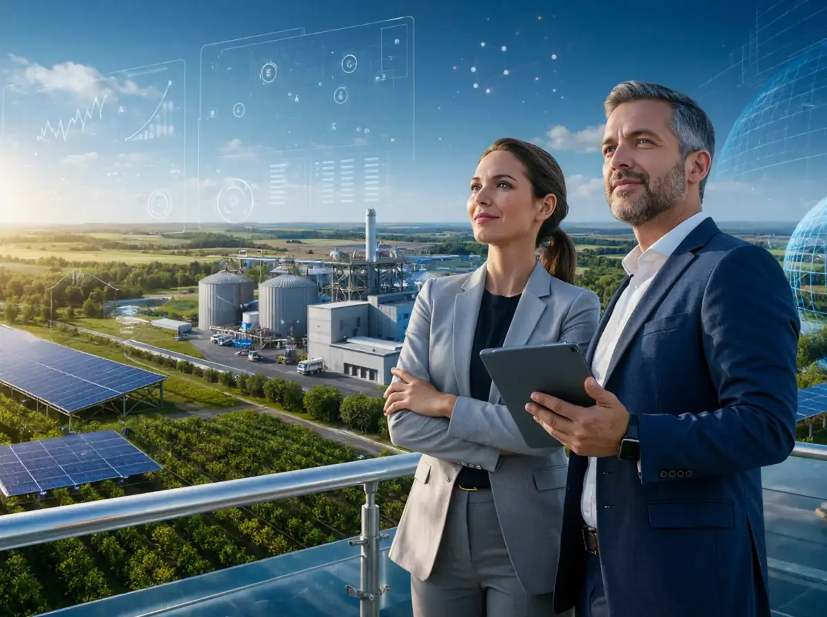 Executivos com tablet observam indústria com painéis solares e dados de energia ao fundo